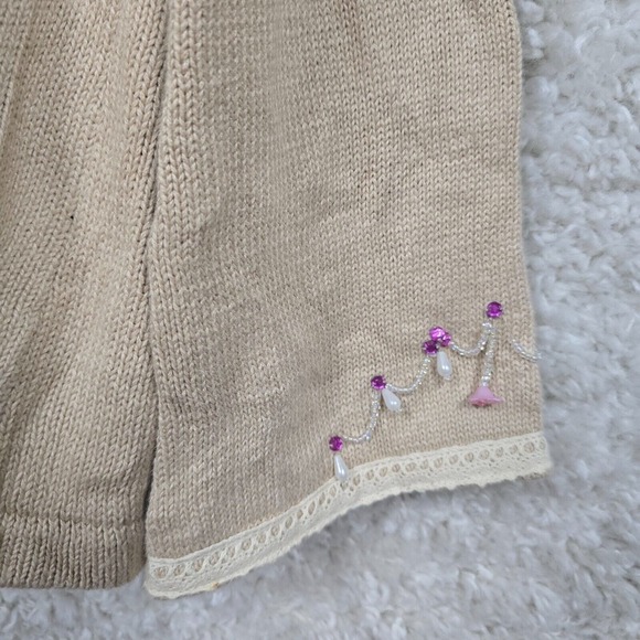 Storybook Knits Sweater Medium Tan Cardigan Floral Cottage Granny Orchid Evening - Picture 2 of 13